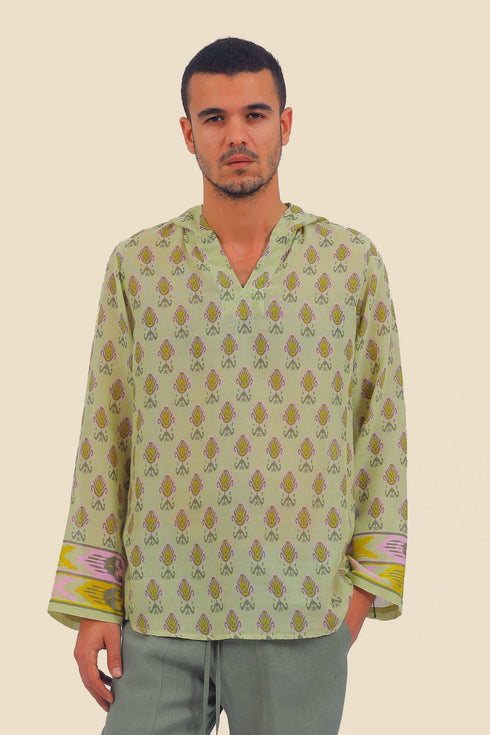 Shirt in printed cotton gauze with hoodie